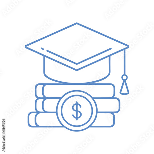 Blue outline graduation cap stacked on books with dollar coin mortarboard education