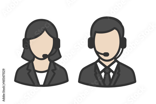 Call center operator and customer service agent icons. Male and female avatars with headsets for support. Faceless man and woman for corporate helpdesk concept.