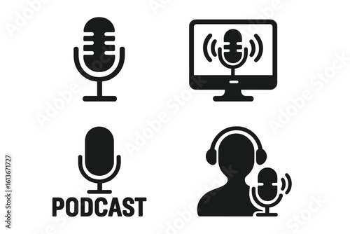 Podcast icon set for streaming and broadcast. Vector microphone, audio equipment, host with headphones symbols. Concept for radio show, webinar, live stream media.