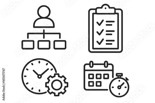Project management icon set. Business process symbols. Time management, deadline schedule, task checklist, organization chart, and hierarchy structure line icons. Vector.