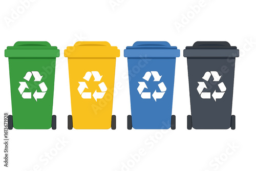 Colorful recycle bins for waste sorting. Garbage separation containers for paper, plastic, glass. Ecology and environment conservation concept. Vector illustration set.