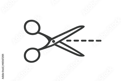Scissors cutting a dashed line. Cut here mark for coupons or packages. Vector icon for discount vouchers, craft projects, and scrapbooking. Dotted line cut-out border.