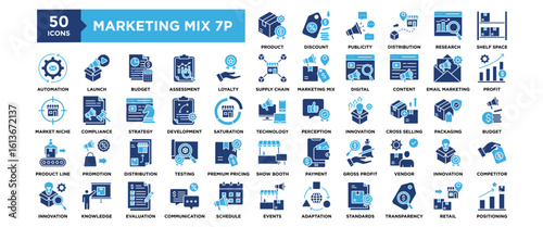 50 Marketing Mix 7P icon set. Containing design marketing, product, business, promotion, price