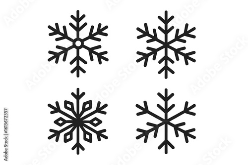 Set of 4 snowflake icons. Winter holiday symbol collection. Christmas decorative design elements. Black flat vector illustration for web. Cold weather frost graphic.