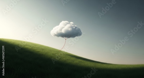A fluffy white cloud floating over a green grass hill being held by a red string or piece of yarn, surreal scene