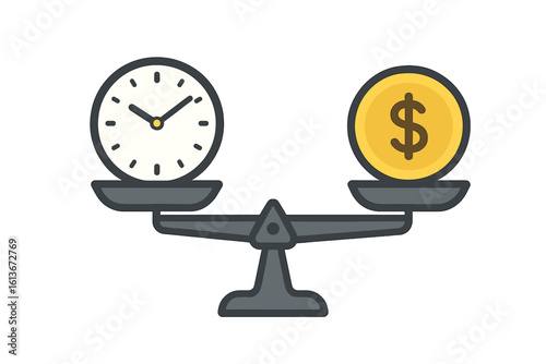 Time vs money on scales concept. Work-life balance metaphor. Financial decision, investment and value comparison. Weighing choices and priorities for success. Clock and coin vector.