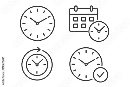 Time and clock line icon set. Schedule, appointment, and deadline concepts. Time management vector symbols. Calendar reminder, history repeat, and approved checkmark signs.