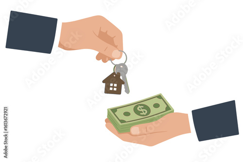 Real estate agent giving house keys to customer for money. Buying a home concept. Mortgage loan, property investment and finance deal. Exchanging cash for new apartment.