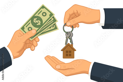 Real estate transaction concept. Agent hand giving house keys to client. Buyer paying money for property. Mortgage, loan, and investment in new home. Sale deal vector.