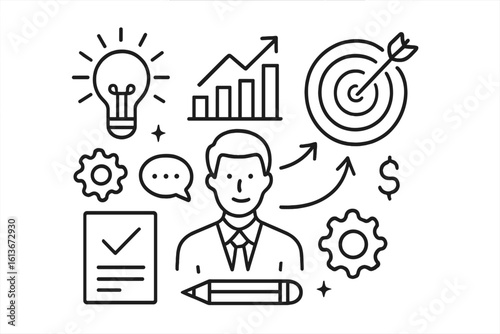 Business management and project development concept. Vector line icons for strategy, planning, idea generation, financial growth and setting goals for business success.
