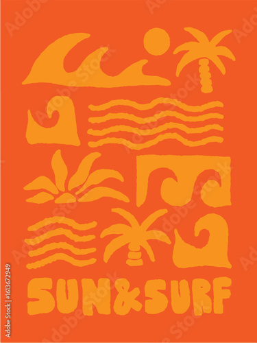 beach ornament surf and sun palm tree wave sea beach tshirt design 
