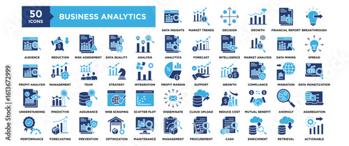 50 Business Analytics icon set. Containing design business, data, information, analytics, technology	