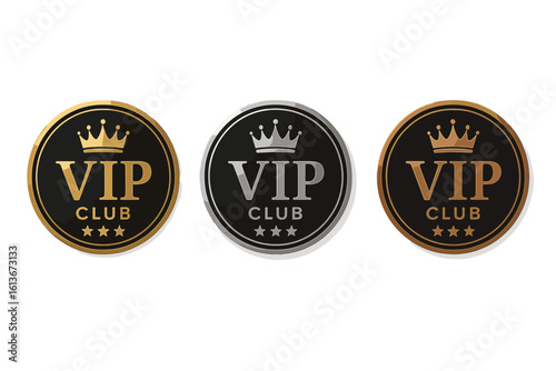 VIP club icon set in gold, silver, and bronze. Luxury labels with crown and stars for member status. Round medal or badge for premium loyalty program. Exclusive award vector.