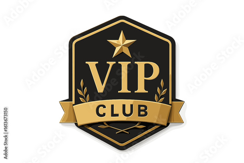 VIP club golden label. Luxury gold and black emblem. Premium member badge with star and ribbon. Exclusive award icon for access, loyalty program, or event pass. 3D vector.