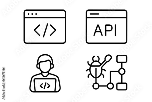 Web development icon set in thin line style. Programmer, coder, and software engineer symbols. Includes API interface, coding, bug fixing, and app flowchart icons.