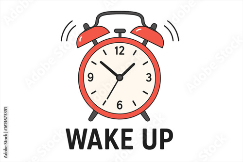 Ringing red alarm clock with 'Wake Up' text. Morning wake-up call concept. Time management, deadline, and daily routine vector illustration. Loud signal and bell icon.