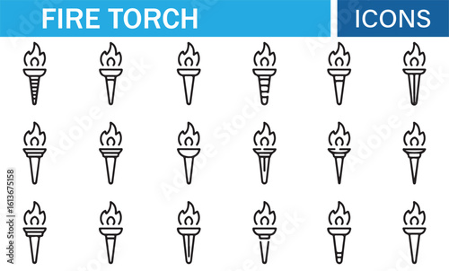 Icon Set Featuring Fire Torches with Flames for Web, App, and Digital Media Use