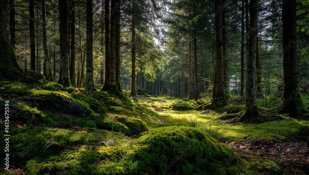 Fototapeta premium Sunlight filtering through a dense forest (1)