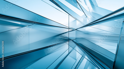 An abstract architectural background with sleek, intersecting blue glass panels, perfect for illustrating modern design, technology, or corporate concepts