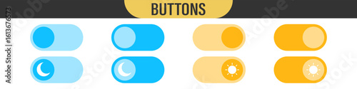 On Off toggle switch buttons. day night switch toggle - dark mode, light mode switch button - sun and moon icons 