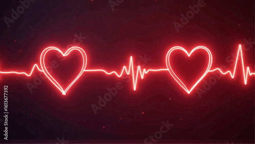 Neon heartbeats with heartbeat line in red glowing style  