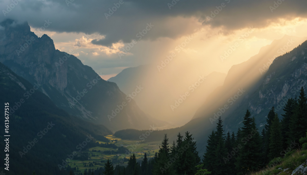 Obraz premium Mountain Valley Landscape with Sunbeams and Village