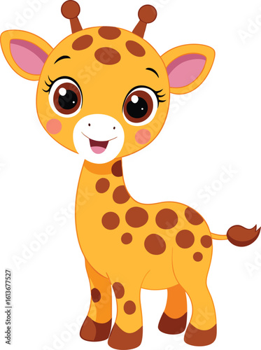 A cute, funny baby giraffe cartoon character with a long neck for a wild safari illustration