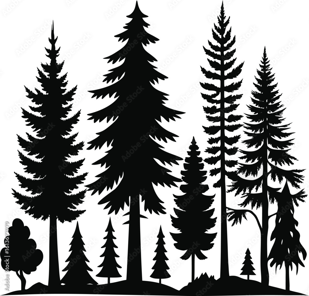 Fototapeta premium Pine Trees vector trees set. Tree icons are set in a modern flat style. Vector silhouette