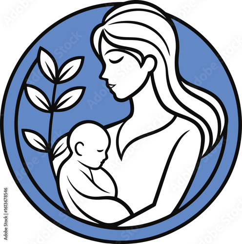 Breastfeeding vector sign. A mother holding a newborn baby in her arms, an abstract symbol of a woman breastfeeding her baby. 