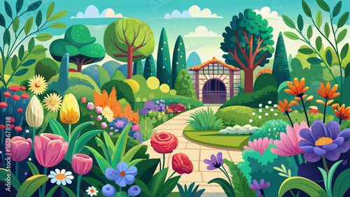 Lively garden showcasing an array of flowers and greenery in spring season