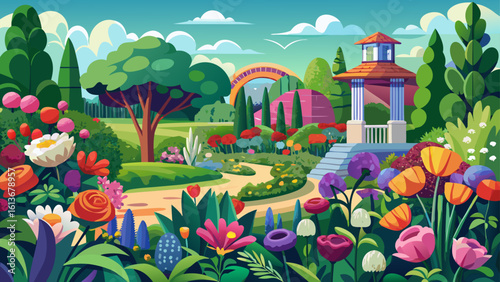 Lively garden showcasing an array of flowers and greenery in spring season