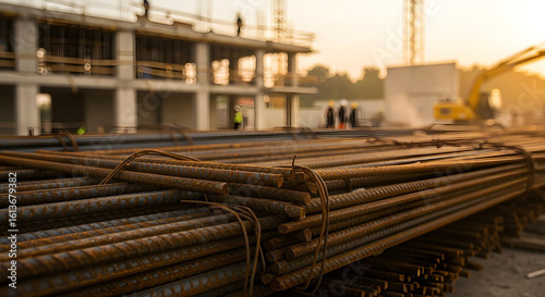 Wallpaper Mural Close-up of rusted steel rebar stack with active construction site and warm industrial glow. Torontodigital.ca