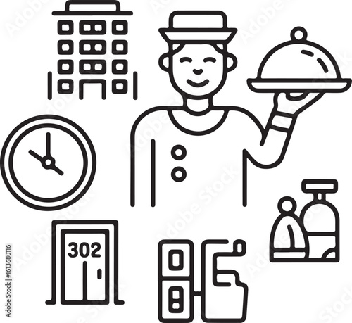 Concierge and Hotel Amenities Outline Icon Collection – Bellhop, 24-Hour Service, Hotel Building, Room Number Sign, Elevator, and Cleaning Service
