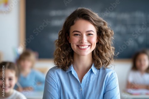 A smiling female teacher with curly hair stands confidently in front of her seated students in a bright classroom setting.
