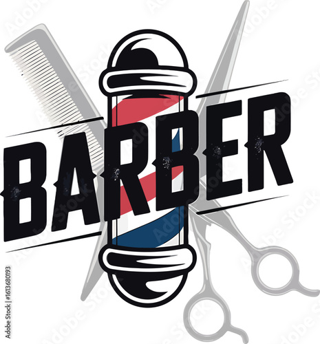 Vintage Barber Shop Logo: Classic Red, White, and Blue Pole, Scissors, and Comb.