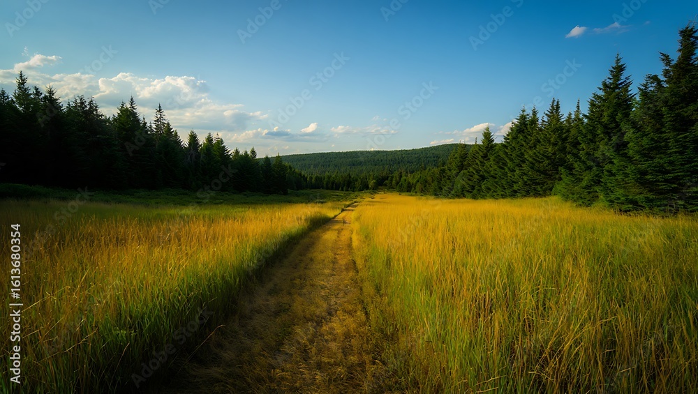 Obraz premium Sunlit meadow path winding through a forest with rolling hills