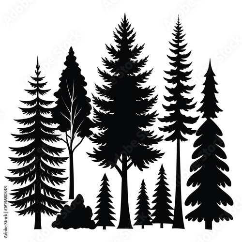 Pine Trees vector trees set. Tree icons are set in a modern flat style. Vector silhouette