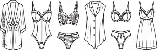 Lingerie and Sleepwear Outline Vector Icons – Robe, Satin Slip, Bodysuit, Lace Bra, High-Waist Panties, Underwire Bra, Pajamas, and Mesh Set