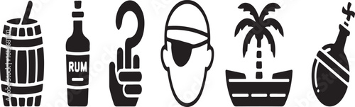 Pirate Life and Adventure Scene Silhouette Icon Pack – Barrel, Rum Bottle, Hook Hand, Eye Patch, Palm Tree, Rowboat, Message in a Bottle, and Cannonball