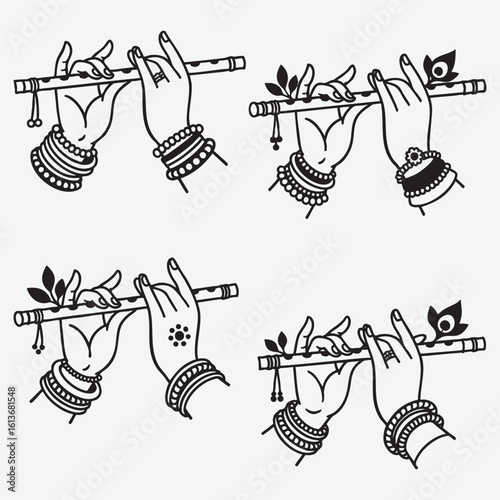 Hands playing flute with decorative elements musical instrument