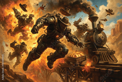 Nuclear power station with fiery explosion and futuristic warrior figures in a dramatic sky setting