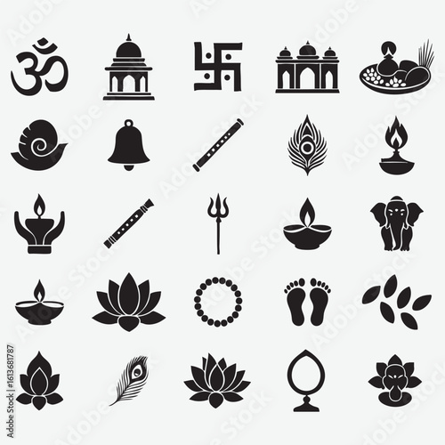 Om Swastika Temple Lotus Peacock Ganesha Bell Flute Diya Footprints