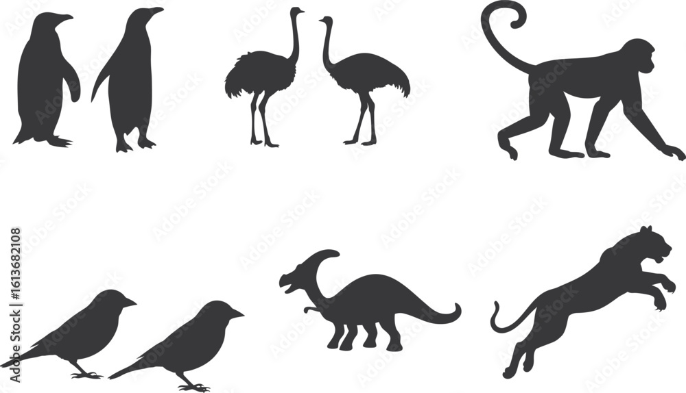 Fototapeta premium various animal silhouette set collection. Animal vector bundle illust black and white editable eps file. Alligator, Amphibian, Chicken, Dinosaur, Dog, graphic, Duck, Horse, Monkey,