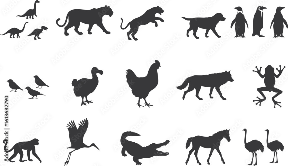 Obraz premium various animal silhouette set collection. Animal vector bundle illust black and white editable eps file. Alligator, Amphibian, Chicken, Dinosaur, Dog, graphic, Duck, Horse, Monkey,