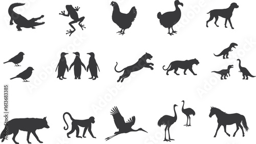various animal silhouette set collection. Animal vector bundle illust black and white editable eps file. Alligator, Amphibian, Chicken, Dinosaur, Dog, graphic, Duck, Horse, Monkey,