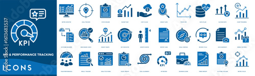 KPI and Performance Tracking icon set. Metric Monitor, Goal Tracker, Status Board, Budget Bar, Cost Cloud, Insight Lens, Trend Line and Data Pulse