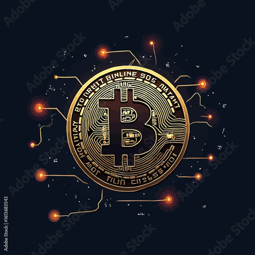 A golden Bitcoin coin with intricate details, surrounded by glowing circuits, on a dark background.