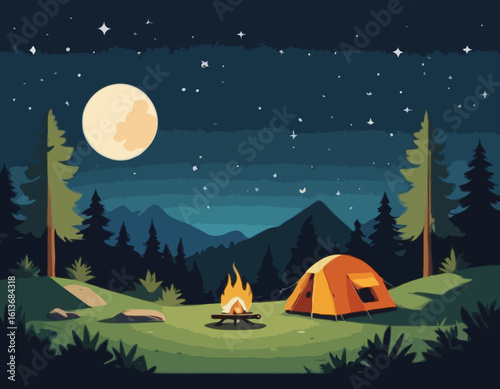 Camping Under the Stars – Flat Vector Night Nature Scene
