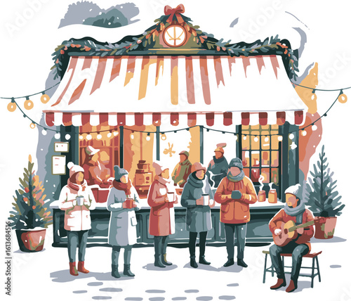 Watercolor Style Christmas Market with Cozy Cafés, Street Musicians, and Snowy Ambience, Vector Composition