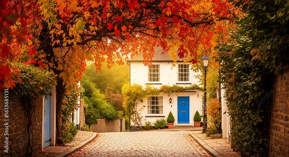 Fototapeta premium Charming white cottage with a blue door nestled beneath vibrant autumn foliage and a cobblestone street.